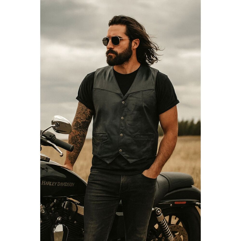Leather World Black Leather Snap Button Waist Coat Motorcycle Vest  Mens Size XL